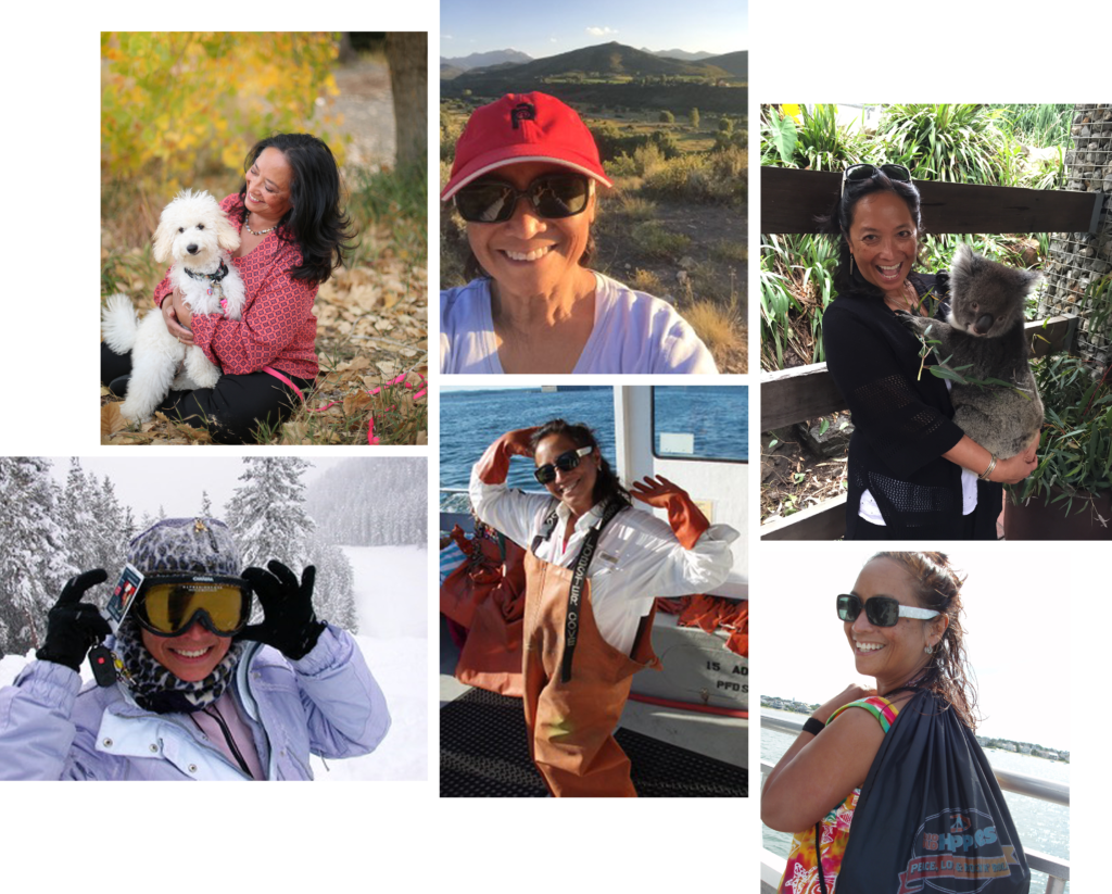 Collage of photos of Ginni Galicinao with her puppy, skiing, hiking, with koala in New Zealand, at the beach, and lobster fishing