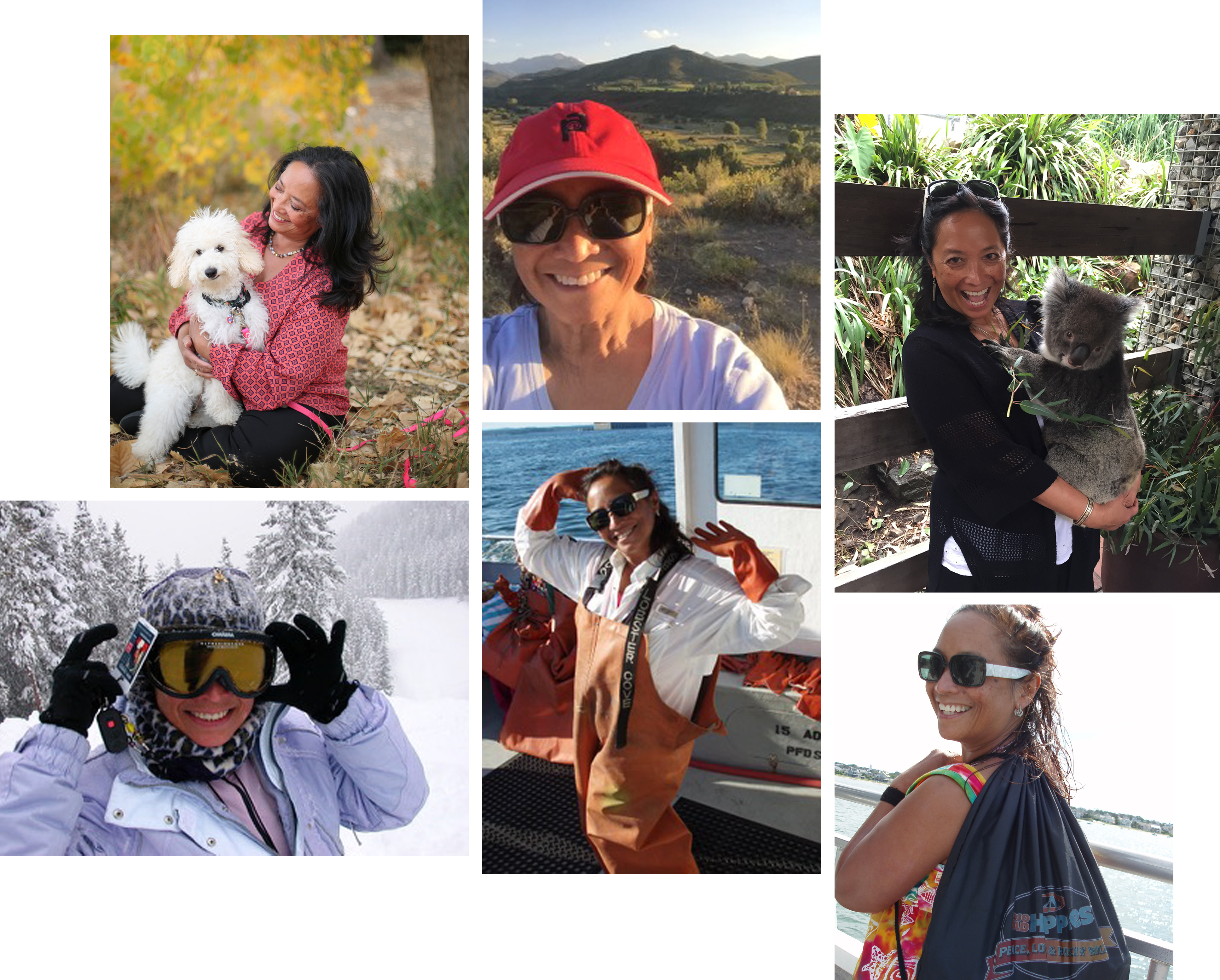 Collage of photos of Ginni Galicinao with her puppy, skiing, hiking, with koala in New Zealand, at the beach, and lobster fishing