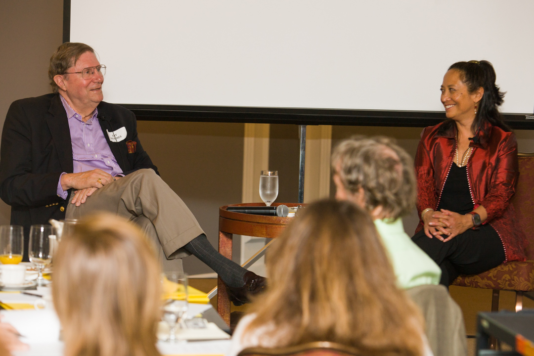 Testimonials, photo of Ginni Galicinao with speaker guest doing Q and A at event